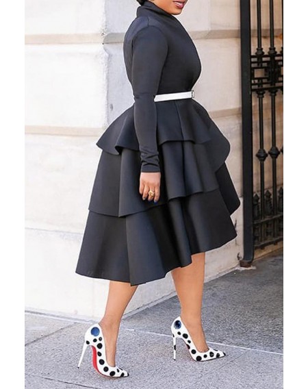 Lovely Sweet V Neck Flounce Design Black Knee Length Dress(Without Belt)