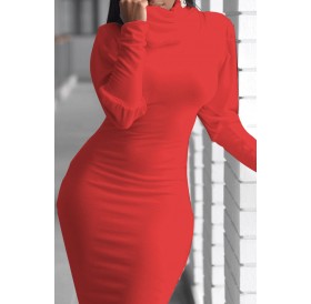 Lovely Casual Turtleneck Ruffle Design Red Knee Length Dress