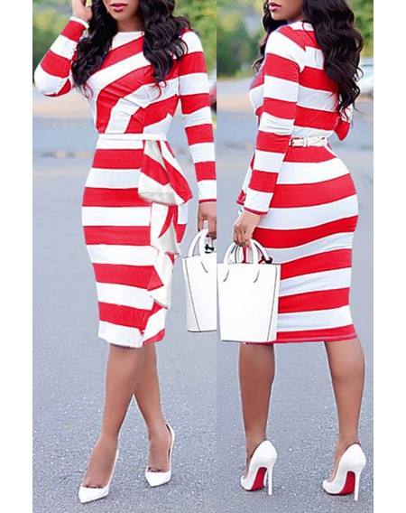 Lovely Work Striped Patchwork Red Knee Length Dress
