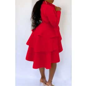 Lovely Sweet V Neck Flounce Design Red Knee Length Dress(Without Belt)