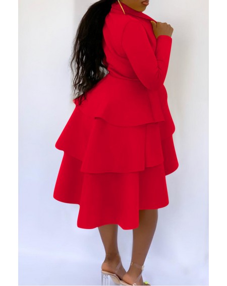 Lovely Sweet V Neck Flounce Design Red Knee Length Dress(Without Belt)