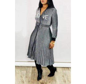 Lovely Sweet Ruffle Design Grey Mid Calf Dress