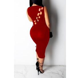 Lovely Casual Lace-up Hollow-out Wine Red Mid Calf Dress(With Elastic)