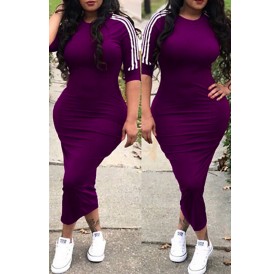 Lovely Sexy Round Neck Striped Purple Polyester Sheath Mid Calf Dress