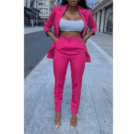 Lovely Trendy Turndown Collar Rose Red Two-piece Pants Set