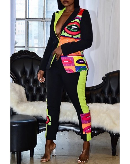 Lovely Casual Printed Patchwork Black Two-piece Pants Set