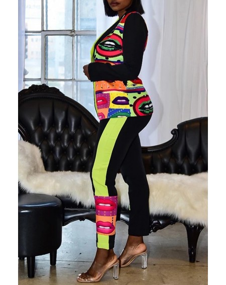 Lovely Casual Printed Patchwork Black Two-piece Pants Set