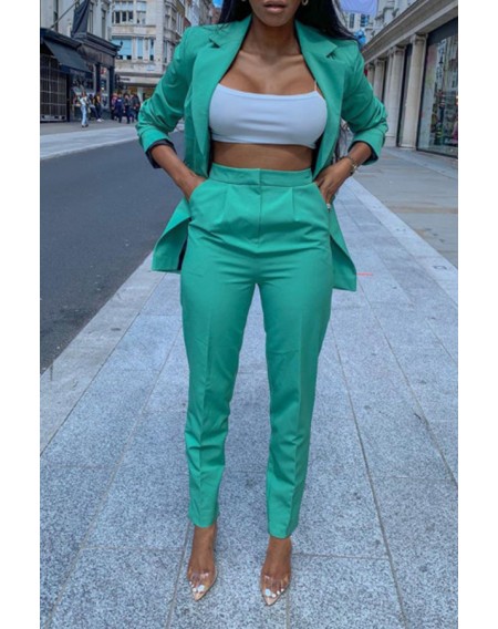 Lovely Trendy Turndown Collar Green Two-piece Pants Set