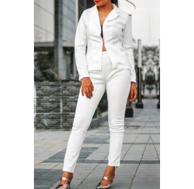 Lovely Stylish Turndown Collar Long Sleeves White Polyester Two-piece Pants Set