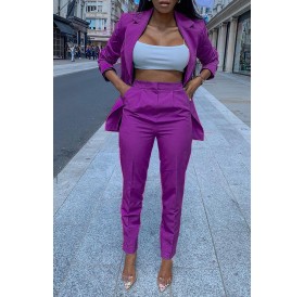Lovely Trendy Turndown Collar Purple Two-piece Pants Set