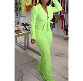 Lovely Work Turn-back Collar Green Two-piece Pants Set