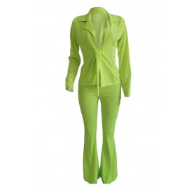 Lovely Work Turn-back Collar Green Two-piece Pants Set