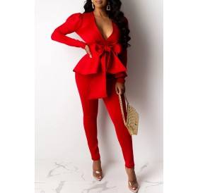 Lovely Trendy Basic Lace-up Red Two-piece Pants Set