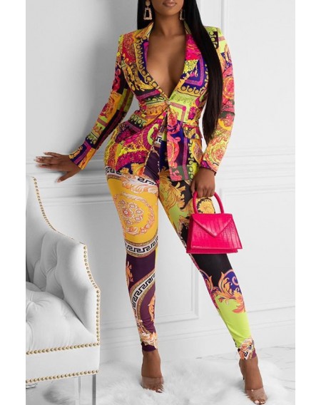 Lovely Party Turn-back Collar Print Yellow Two-piece Pants Set