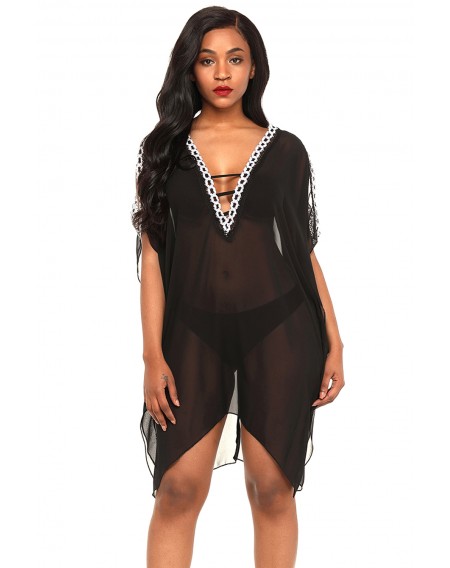 Delicate Embroidery Black Cold Shoulder Sheer Mesh Cover Up