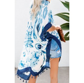 Blue Bohemian Print Open Front Loose Kimono Beach Cover up