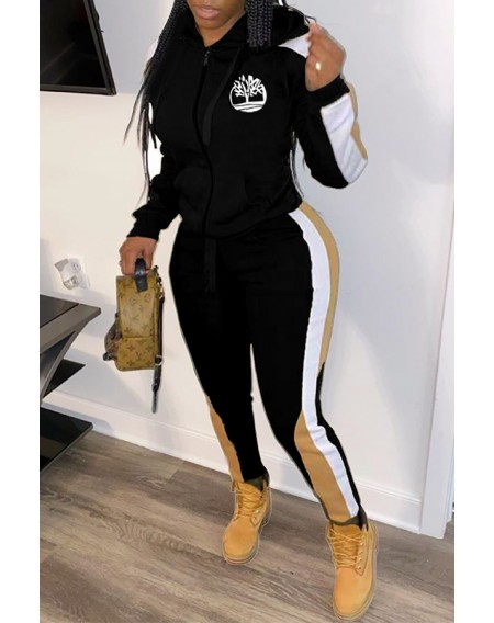Lovely Sportswear Hooded Collar Patchwork Black Two-piece Pants Set