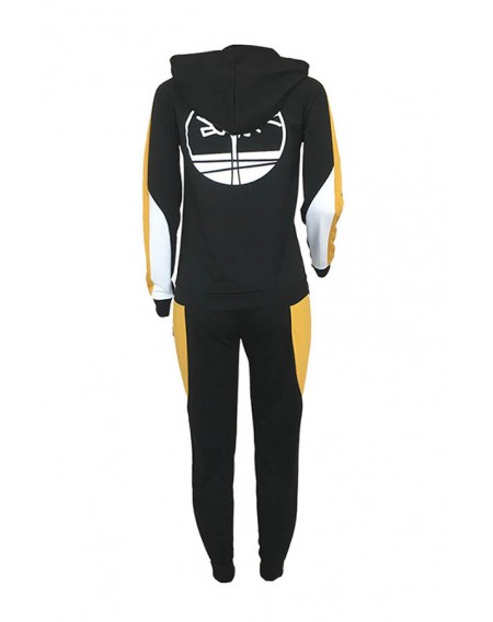 Lovely Sportswear Hooded Collar Patchwork Black Two-piece Pants Set