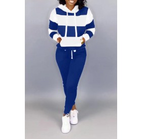 Lovely Casual Hooded Collar Patchwork Blue Two-piece Pants Set