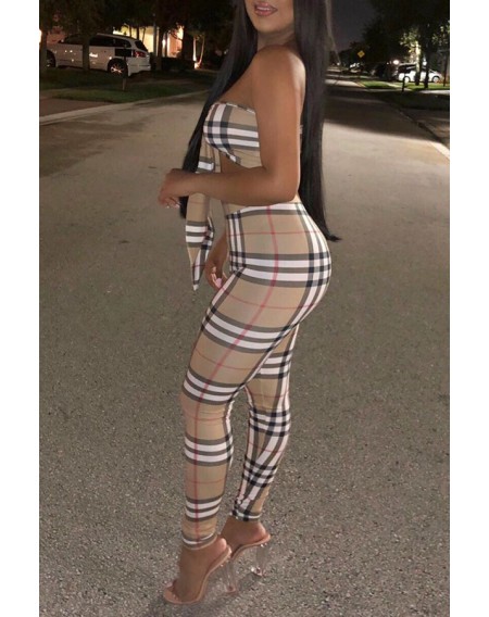 Lovely Casual Off The Shoulder Plaid Printed Brown Two-piece Pants Set