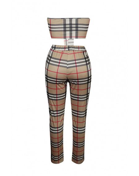 Lovely Casual Off The Shoulder Plaid Printed Brown Two-piece Pants Set