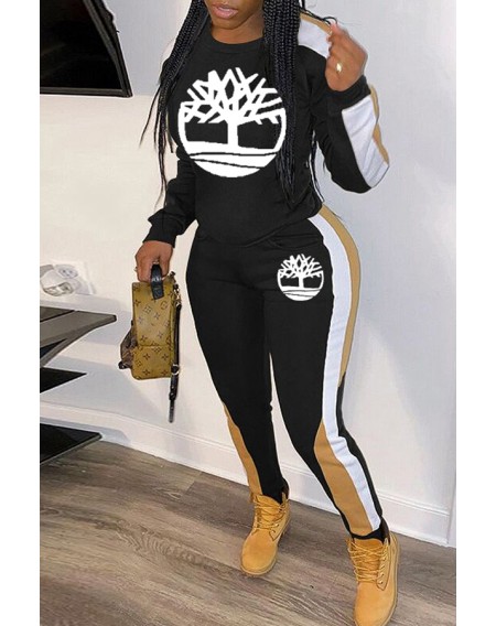 Lovely Casual Hooded Collar Printed Black Two-piece Pants Set