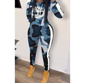 Lovely Casual Hooded Collar Camouflage Printed Blue Two-piece Pants Set