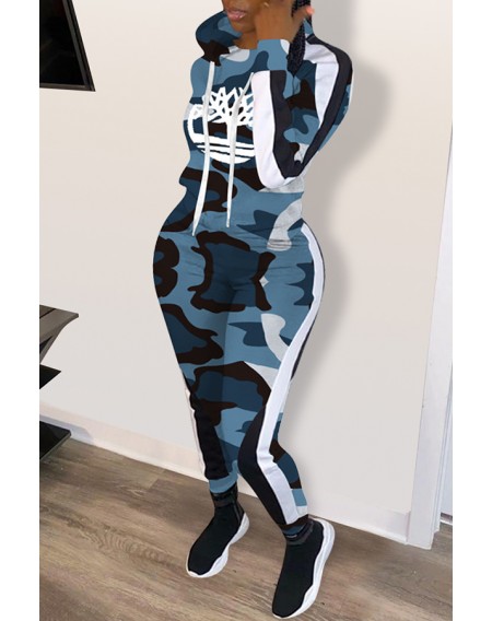 Lovely Casual Hooded Collar Camouflage Printed Blue Two-piece Pants Set
