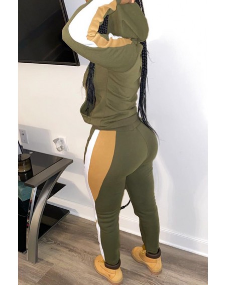 Lovely Casual Hooded Collar Patchwork Army Green Two-piece Pants Set