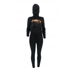 Lovely Leisure Hooded Collar Lip Black Two-piece Pants Set