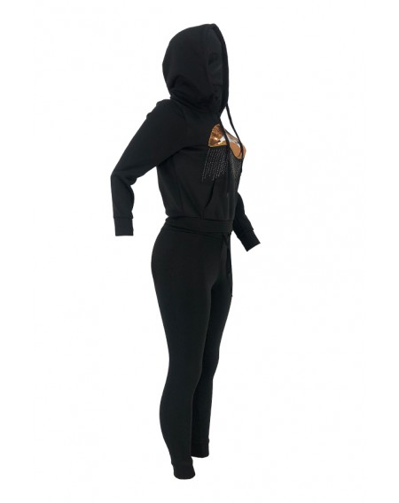 Lovely Leisure Hooded Collar Lip Black Two-piece Pants Set