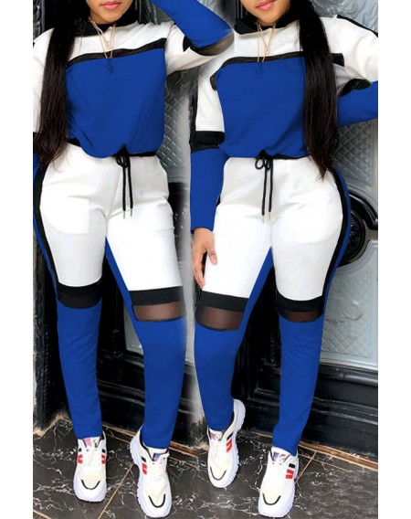 Lovely Sportswear Hooded Collar Patchwork Blue Two-piece Pants Set