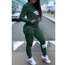 Lovely Casual Hooded Collar Printed Blackish Green Two-piece Pants Set