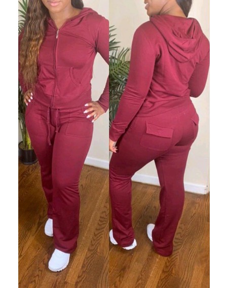 Lovely Casual Hooded Collar Pocket Patched Red Two-piece Pants Set