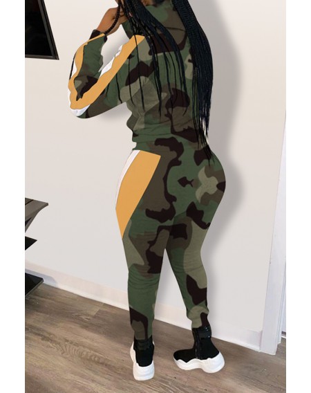 Lovely Casual Hooded Collar Camouflage Printed Green Two-piece Pants Set