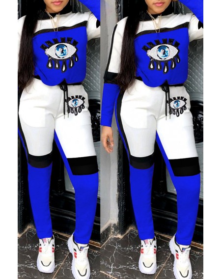 Lovely Casual Eye Patchwork Blue Two-piece Pants Set