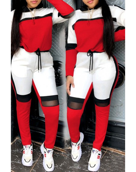 Lovely Sportswear Hooded Collar Patchwork Red Two-piece Pants Set