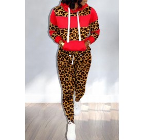 Lovely Trendy Hooded Collar Printed Red Two-piece Pants Set