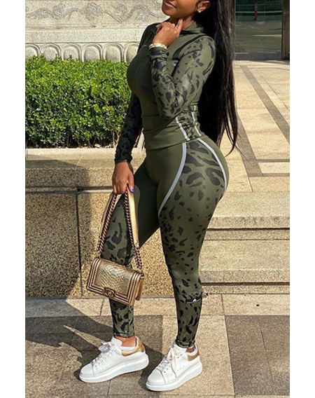 Lovely Sportswear Patchwork Army Green Two-piece Pants Set