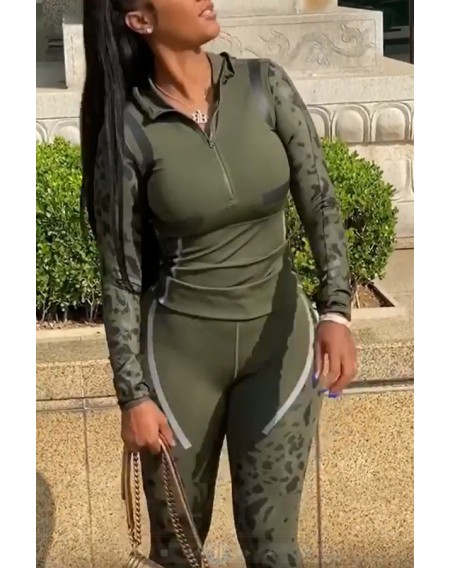 Lovely Sportswear Patchwork Army Green Two-piece Pants Set