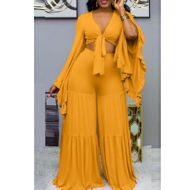 Lovely Trendy V Neck Loose Yellow Two-piece Pants Set