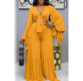 Lovely Trendy V Neck Loose Yellow Two-piece Pants Set