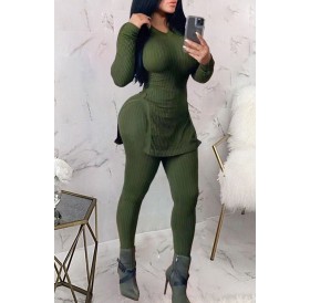 Lovely Casual V Neck Basic Green Two-piece Pants Set