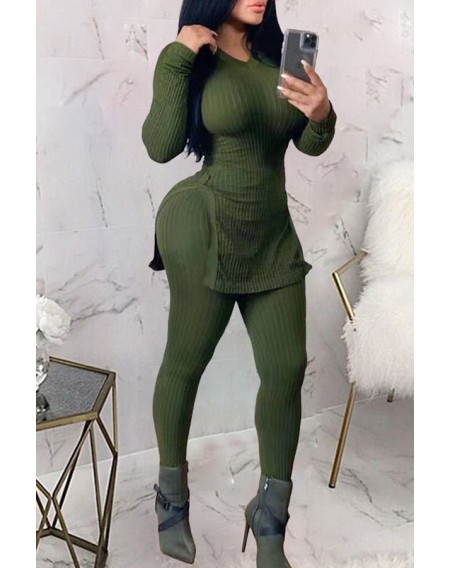 Lovely Casual V Neck Basic Green Two-piece Pants Set