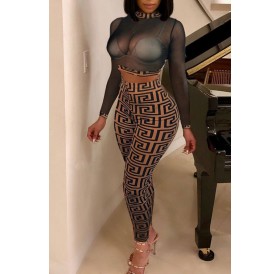 Lovely Sexy See-through Printed Black Two-piece Pants Set