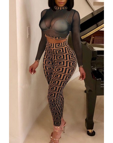 Lovely Sexy See-through Printed Black Two-piece Pants Set