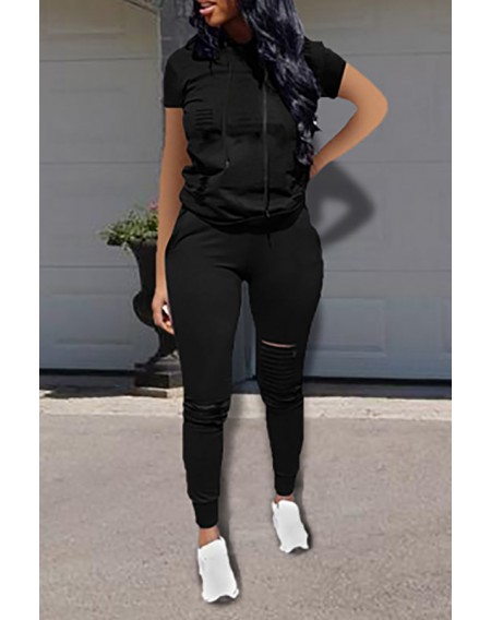 Lovely Casual Hooded Collar Broken Holes Black Two-piece Pants Set