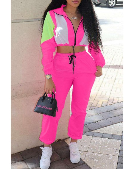 Lovely Casual Turndown Collar Patchwork Pink Two-piece Pants Set