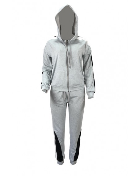 Lovely Casual Hooded Collar Patchwork Grey Two-piece Pants Set