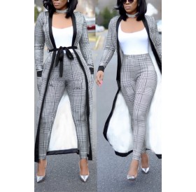 Lovely Casual Grid Printed Grey Knitting Two-piece Pants Set(Without T-shirt)
